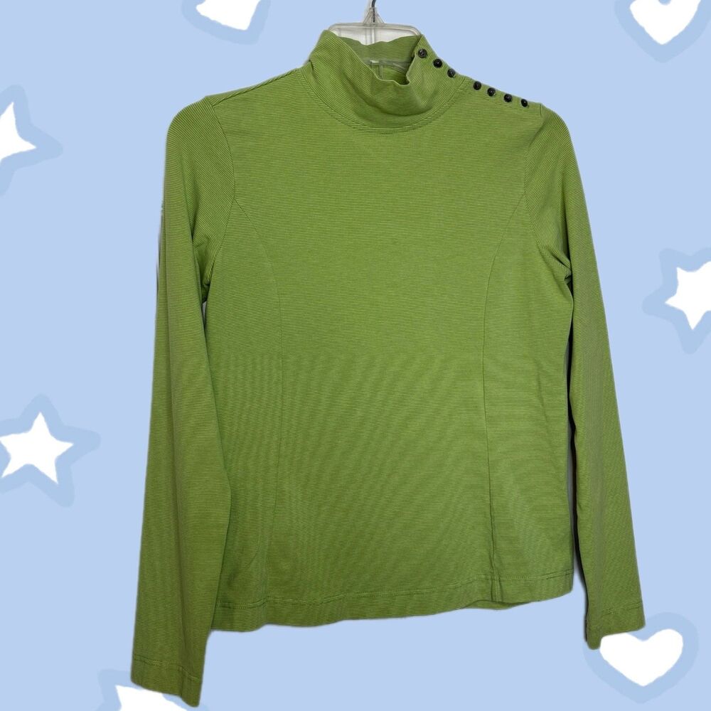 Eddie Bauer Size Small Apple Green Ribbed Long Sleeve Button Mock Neck Top